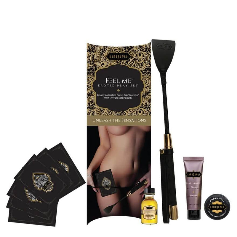 The packaging for the Kama Sutra Feel Me Kit sits out next to everything that's included within the kit. | Kinkly Shop
