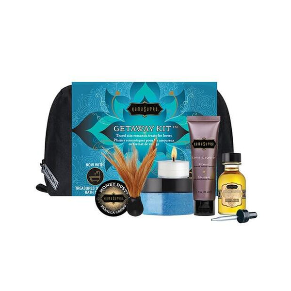 The Kama Sutra Getaway Kit packaging and bag with every item included in the romantic getaway kit sitting in front of the bag | Kinkly Shop