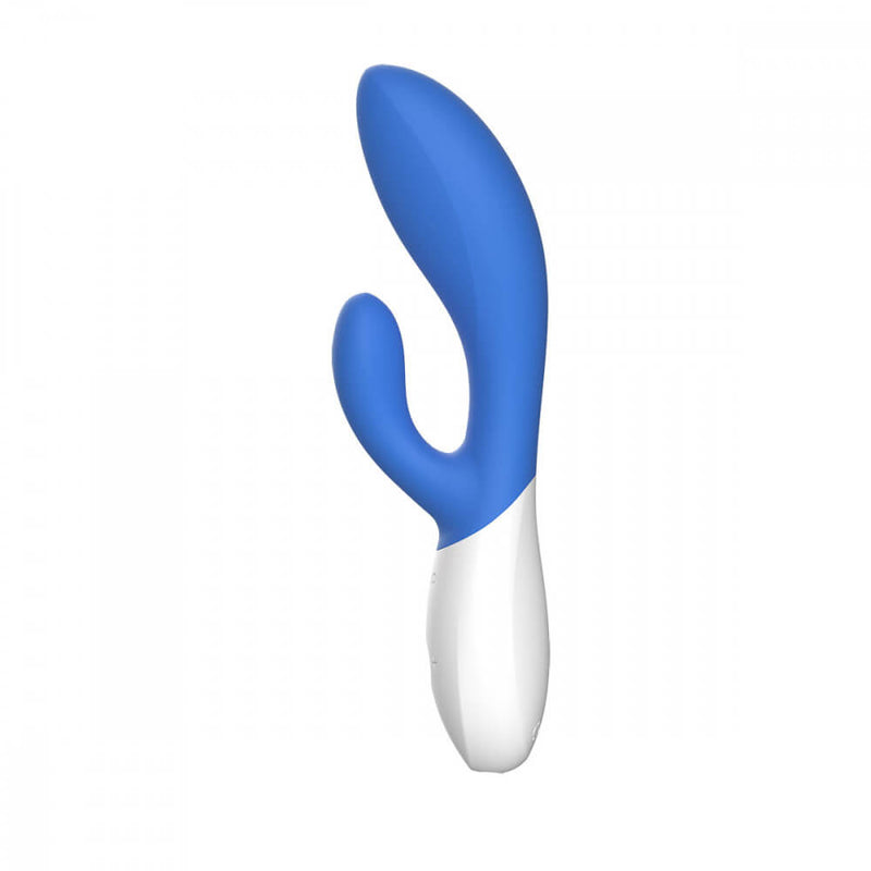A side view of the LELO INA Wave 2 in Cali Sky Blue. This shows the curvature of the toy with the rounded clitoral arms and rounded shaft. The swelling g-spot shaft clearly offers a strong g-spot curve. | Kinkly shop