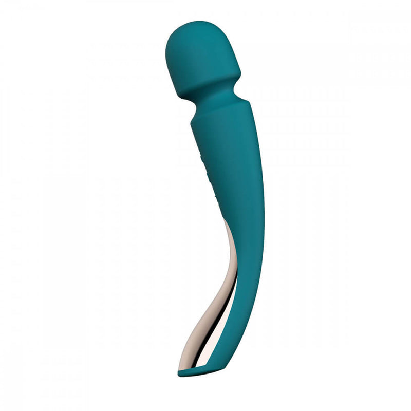 A side view of the LELO Smart Wand 2 Medium provides a different angle of the curvature of the wand massager. The image shows the same curvature of the base of the handle. | Kinkly Shop