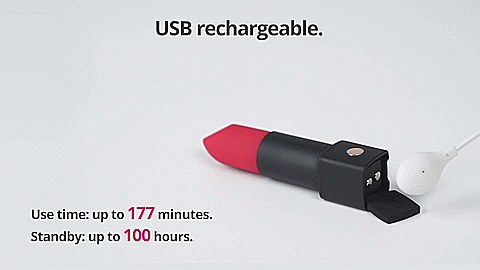 GIF of the Lovense Exomoon. The bottom of the vibrator is opened up to display the charging port. The magnetic charging cable is moved nearby, and the magnets pull the cable to the charging port. The text on the image says: "USB Rechargeable. Use time: Up to 177 minutes. Standby: Up to 100 hours." | Kinkly Shop
