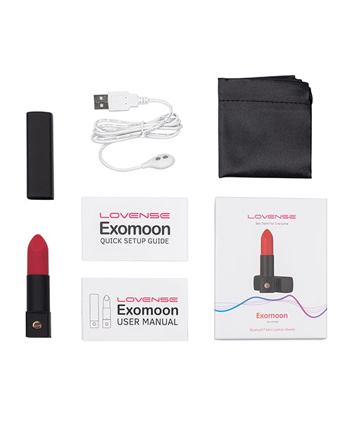 The Lovense Exomoon shown with everything it comes with. It includes the vibrator itself, the lid for the vibrator, the quick set up guide, the user manual, the charging cable, and a black drawstring storage bag. | Kinkly Shop