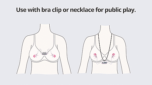 Illustrated image shows two people in bras wearing the Lovense Gemini remote control nipple clamps. The first person has the Lovense Gemini remote control nipple clamps clamped on each nipple, and the control panel is clipped onto the center of their bra to hold it in place. The second person has the Gemini clamped onto each nipple, but they're wearing a necklace around their neck that anchors the center control panel around the neck. | Kinkly Shop
