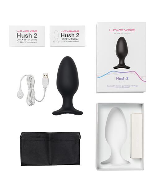 Everything that comes with the Lovense Hush 2. It includes the Lovense Hush 2 plug, the charging cable, a storage bag, a quick set-up guide, and a user manual. | Kinkly Shop