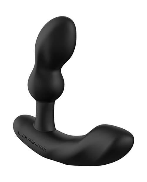 Another angle of the Lovense Edge 2. This view shows off the curved design of the toy. This angle shows how the Lovense Edge 2's insertable shaft tilts towards one direction for better prostate stimulation - as well as the base that tilts upwards to best follow the curve of the perineum for the most stimulation possible. | Kinkly Shop