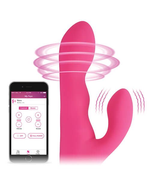 The Lovense Nora with illustrations superimposed over top of it. These illustrations show that the tip rotates while the clitoral arm vibrates. A cell phone is pictured nearby controlling the vibrator. | Kinkly Shop