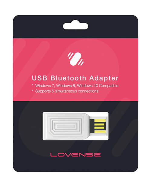 The Lovense USB Bluetooth Adapter inside of its packaging. The packaging is black and pink, and it states "USB Bluetooth Adapter. Windows 7, Windows 8, and Windows 10 Compatible. Supports 5 simultaneous connections. Lovense" | Kinkly Shop