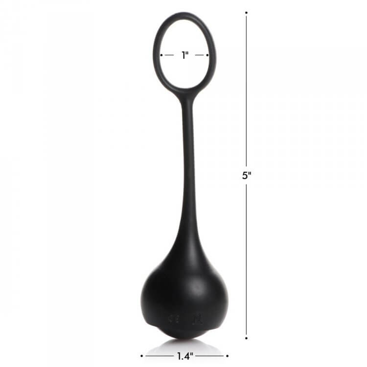 A picture of the Master Series Cock Dangler penis weights holster with measurements superimposed over the different aspects of the dangler. The dangler is 5" in total length with a 1" unstretched ring diameter. With a weight inserted, the holster's weighted end has a diameter of 1.4". | Kinkly Shop