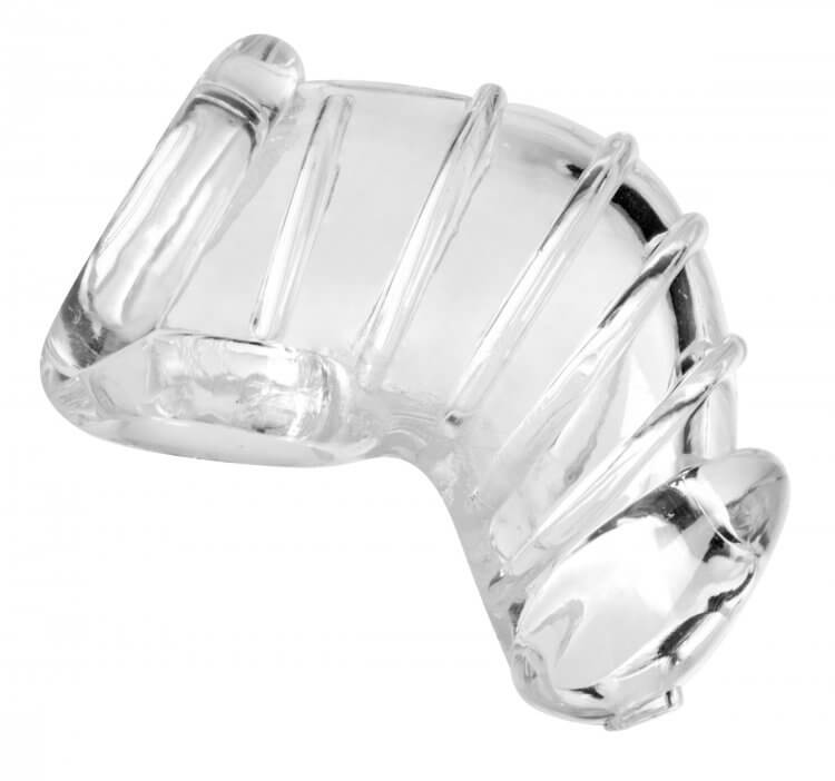 A side view of the Master Series Detained Soft Chastity Cage. This view makes the see-through design obvious, and it showcases the ribbed texturing of the external part of the cage. | Kinkly Shop