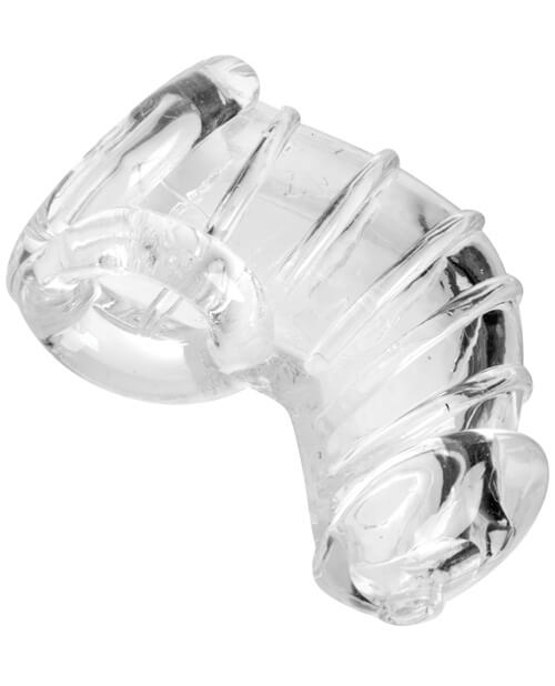 Master Series Detained Soft Chastity Cage from a side view. This showcases the large opening underneath the cage to allow the testicles to hang down as well as the hole at the tip of the cage. | Kinkly Shop