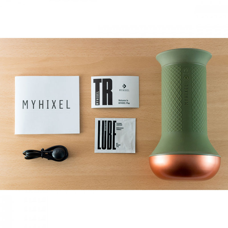 Top-down view of the MyHixel TR premature ejaculation sex toy and everything it comes with. It shows the orgasm control penis stroker, a quick-start guide, sample-sized lube, a full guide, and the charging cable | Kinkly Shop