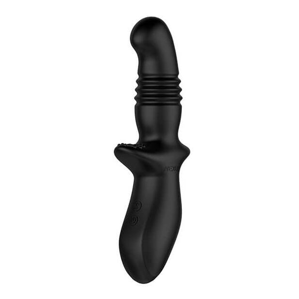 The Nexus Thrust prostate stimulator up against a white background. The handle looks thick and easy to grasp with a tip that targets the p-spot. There are ridges throughout the insertable shaft where the thrusting movement occurs. | Kinkly Shop