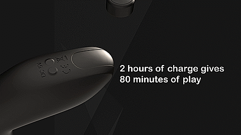 GIF of the Nexus Thrust. GIF showcases the magnetic charger being placed on the magnetic charging port. The text on the GIF reads "2 hours of charge gives 80 minutes of play. USB connection to a PC or a plug" | Kinkly Shop