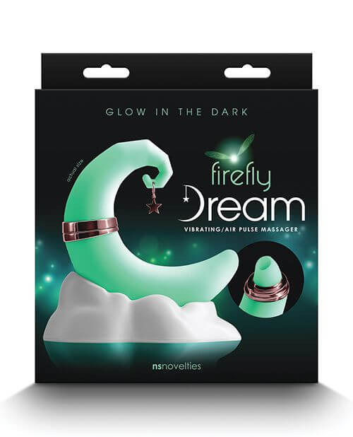 Packaging for the NS Novelties Firefly Dream Glow. It's a vibrating air pulse massager that glows in the dark. The pillowy cloud charging base is not glow in the dark. It is white. | Kinkly Shop
