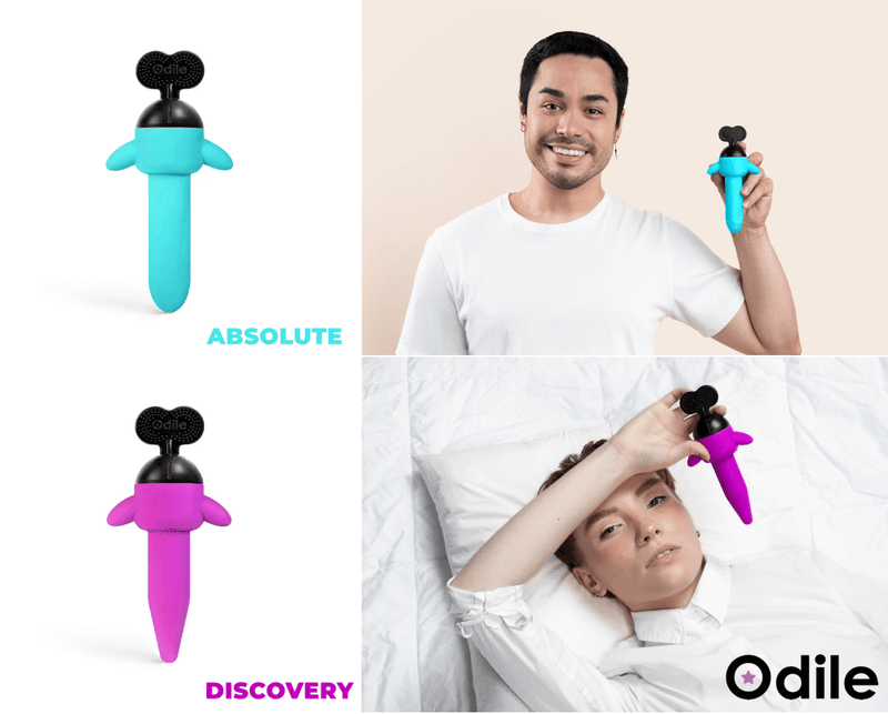Comparison image of the Odile Absolute and Odile Discovery. The Discovery and Absolute's plain white product picture sit next to one another to show the difference in the design. (The Discovery has a noticeably tapered tip). Next to the plain white images, two different people hold the different Odiles for a different comparison. | Kinkly Shop