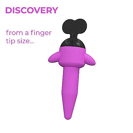 GIF shows the Odile Discovery slowly going from its smallest diameter to its largest diameter as the key at the base of the anal dilator is turned. The text reads "from a finger tip size...ideal for butt opening" | Kinkly Shop
