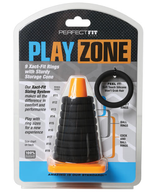 Perfect Fit Play Zone Cock Ring Sizing Kit in its packaging. The packaging is a plastic, blister pack packaging which includes text including: "Perfect Fit Play Zone. 9 Exact-Fit Rings with Sturdy Storage Cone. Our Exact-Fit Sizing System makes all the difference in comfort and performance. Play with ring sizes for a new experiences. Feel it! Soft Touch Silicone Won't Grab Hair! Amazing is Our Standard!" | Kinkly Shop