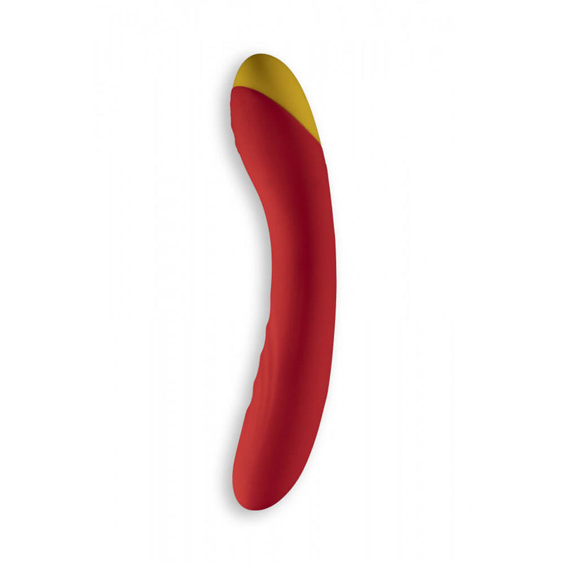 Side view of the ROMP Hype g-spot vibrator showcases the g-spot-focused curvature of the shaft. It has a very gentle boomerang-like curve to it. | Kinkly Shop