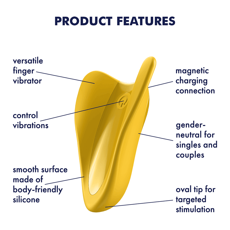 Satisfyer High Fly is pictured with product feature text imposed on top of it. An arrow points to the power button that says "control vibrations". Another arrow points to the charging port and says "magnetic charging connection". A third arrow points to the tip and says "oval tip for targeted stimulation". Other arrows say "versatile finger vibrator", "smooth surface made of body-friendly silicone", and "gender-neutral vibrator for singles and couples". | Kinkly Shop