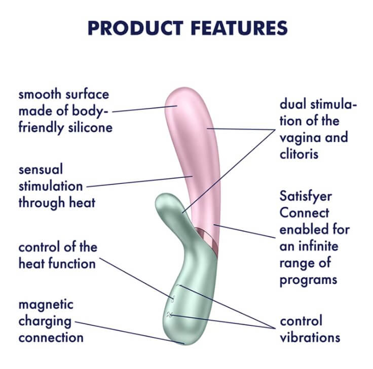 The Satisfyer Hot Lover is in the center of an image titled "Product Features". Various arrows point out different parts about the Hot Lover. Feature points include "Smooth surface made of body-friendly silicone", "sensual stimulation through heat", "control of the heat function", "magnetic charging connection", "dual-stimulation of the vagina and clitoris", "Satisfyer Connect enabled for an infinite range of programs". | Kinkly Shop