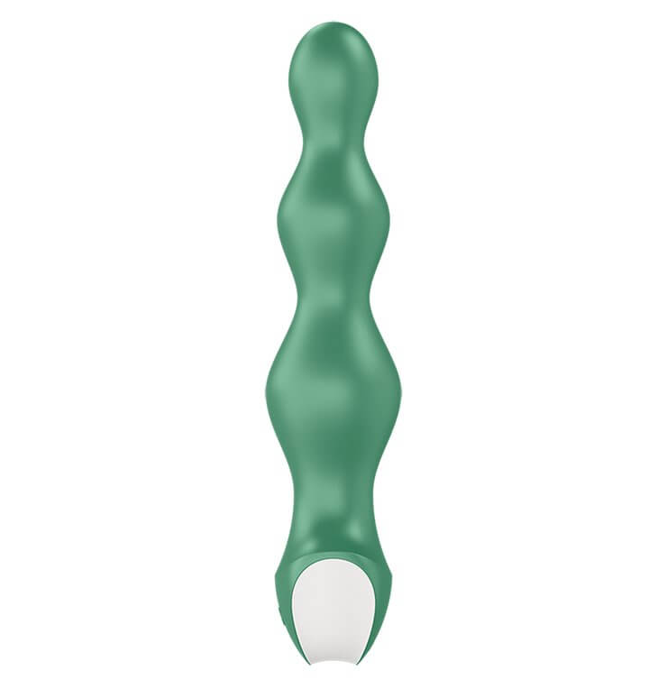 A side profile of the Satisfyer Lolli Plug 2 in green shows the curvature of the shaft of the plug. It has multiple rounded bulbs along its shaft. | Kinkly Shop