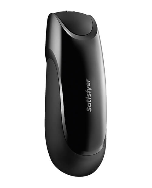 Backside of the Satisfyer Men Vibration+ against a white background. The two connection ports for the magnetic charging cable are on the top of the toy, away from where the penis is inserted. | Kinkly Shop