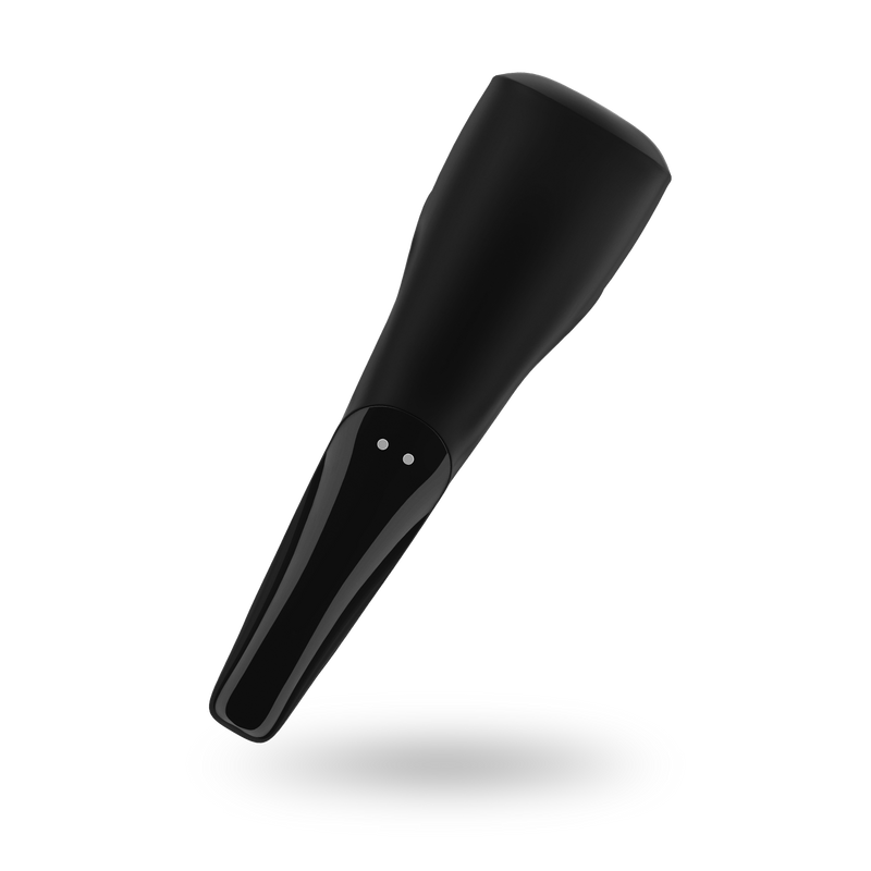The backside of the Satisfyer Men Wand sex toy. This view primarily shows the two magnetic charging ports located near the middle of the sex toy. This is where the magnetic charger plugs in in order to charge the penis vibrator. | Kinkly Shop