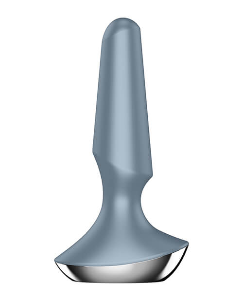 Side view of the Satisfyer Plug-ilicious anal plug 2 plug. This angle showcases the unique, uneven design of the Plug-ilicious which includes a base that's taller on one side than on the other, one side of the plug that's near-flat instead of rounded, and an insertable portion that ends higher on one side than the opposing side. | Kinkly Shop