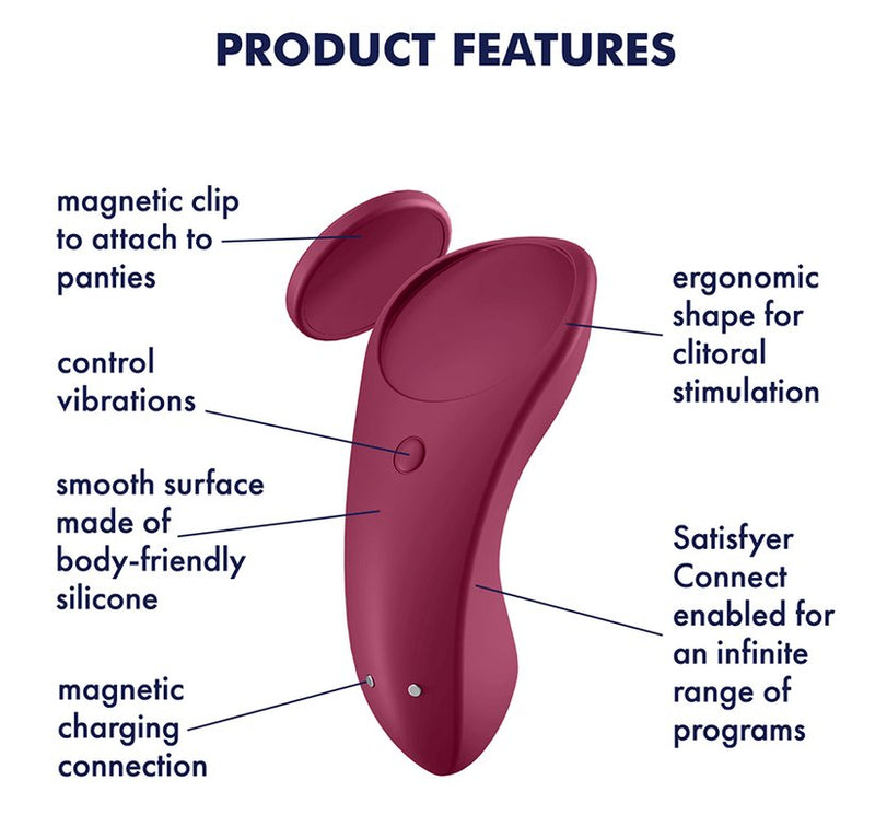 Product features image shows the different parts of the Satisfyer Sexy Secret panty vibrator and displays what they do. All of this information can be found in the product description. | Kinkly Shop