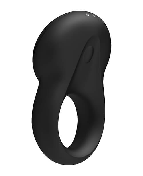 Backside of the Satisfyer Signet Ring. This angle shows the two magnetic charging port prongs at the tip top of the cock ring. It also shows the single button that's embedded into the surface of the Satisfyer Signet Ring. | Kinkly Shop