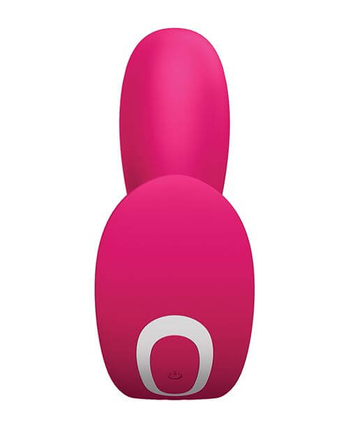 Angle of the base of the Satisfyer Top Secret+. This showcases the flat design of the base that looks like it will fit into any underwear. This angle also shows the single button on the bottom of the toy to control it. | Kinkly Shop