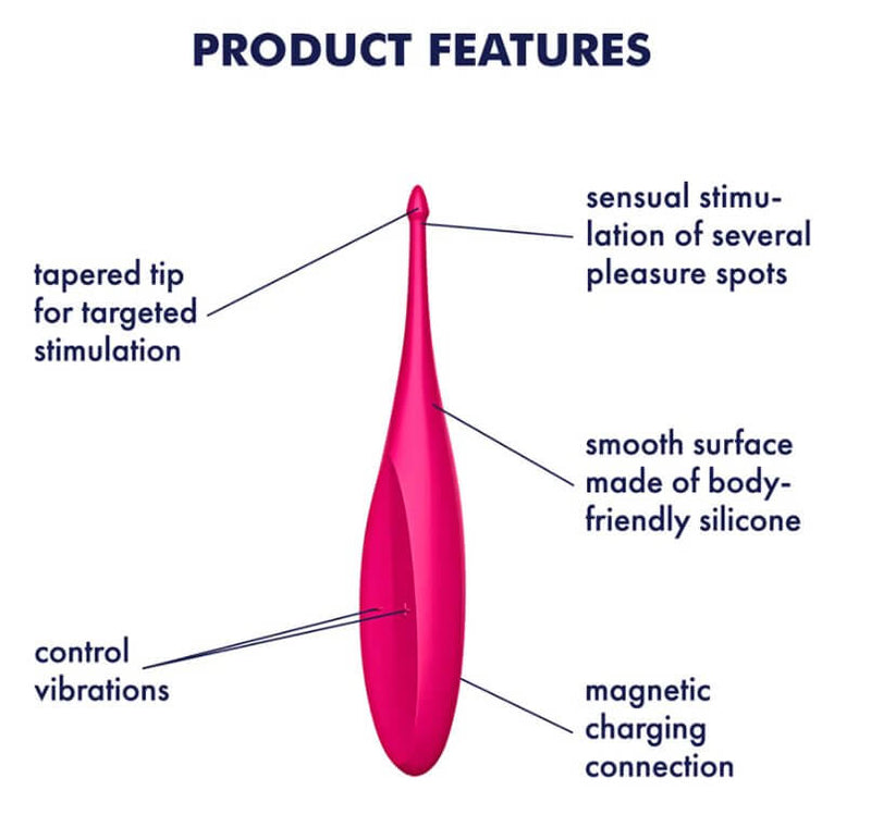 The Satisfyer Twirling Fun sits against a white background with the title "Product Features" as the title. Text for the features includes "tapered tip for targeted stimulation", "control vibrations", "sensual stimulation of several pleasure spots", "smooth surface made of body-friendly silicone", and "magnetic charging connection". | Kinkly Shop