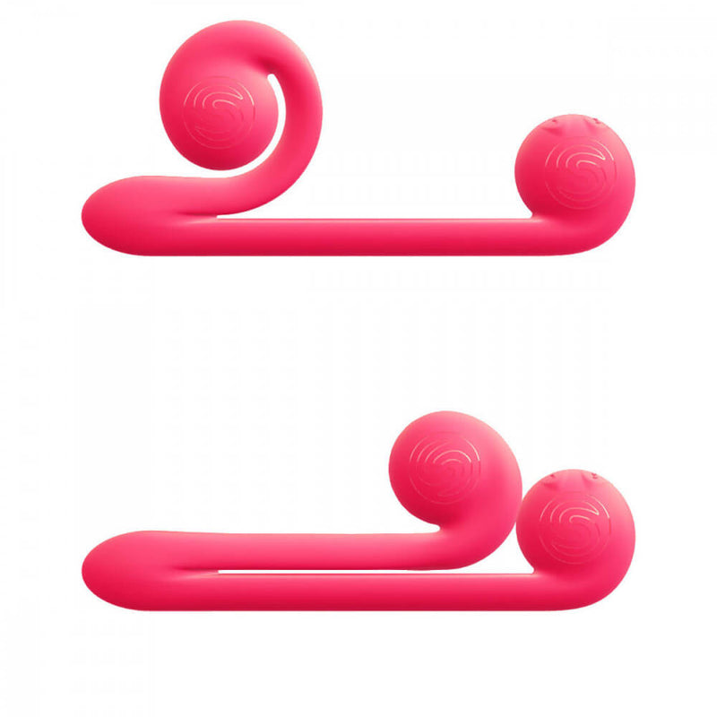 The Snail Vibe sex toy in Pink fully curled up and fully unfurled. | Kinkly Shop