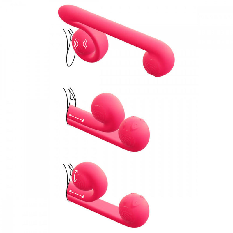 Illustrated image of the Snail Vibe sex toy shows various ways to use the Snail Vibe sex toy. It shows it being used as a clitoral toy, being used as a dildo, and it being used as a rabbit vibrator. | Kinkly Shop