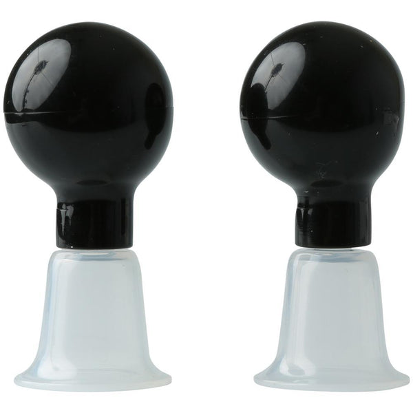 Both Sportsheets Nipple Suckers up against a plain white background. They have a black, squeezable bulb attached to a clear, see-through funnel. | Kinkly Shop