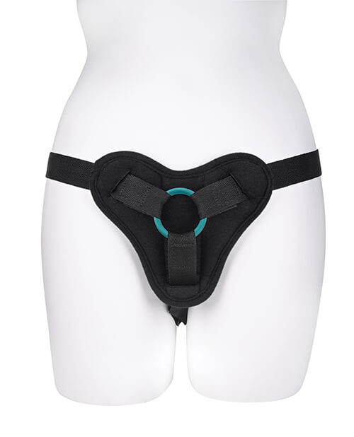 One of the Sportsheets O-Ring 4-Pack emerald O-rings strapped into a Sportsheets strap-on hip harness. | Kinkly Shop