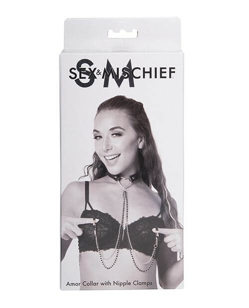 Packaging for the Sportsheets Sex & Mischief Amor Collar with Nipple Clamps | Kinkly Shop