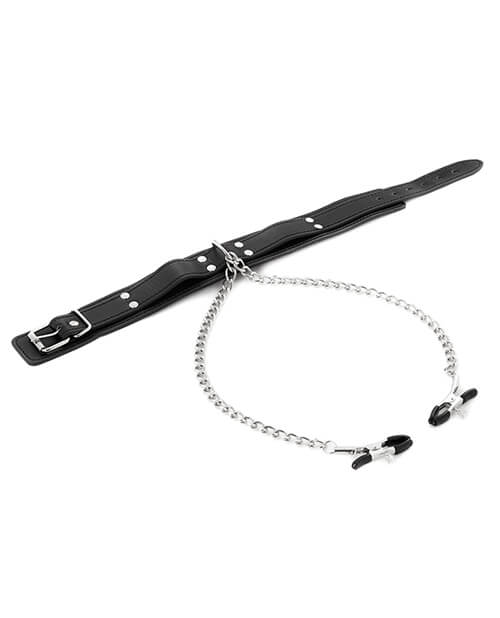 The Sportsheets Collar with Nipple Clamps with the collar laid entirely flat. This shows that the BDSM collar has one single D-ring on the front of the collar where the nipple clamp chain is also attached. There is plenty of room to attach other items despite the clamps using that D-ring as well. | Kinkly Shop