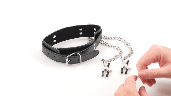 GIF showing a person handling the Sportsheets Collar with Nipple Clamps. The person unclasps the collar and shows how it looks when it's fully flattened out. | Kinkly Shop