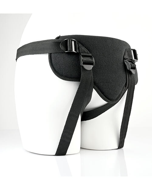 The Sportsheets New Comer's Kit Special Edition Beginner Pegging Kit shown worn on a mannequinn. The image makes the harness look extremely soft. This angle shows how the back side fits and it's clear that the back panel is very padded for comfort. This view also allows you to see the strap adjustment buckles attached to the back panel. | Kinkly Shop