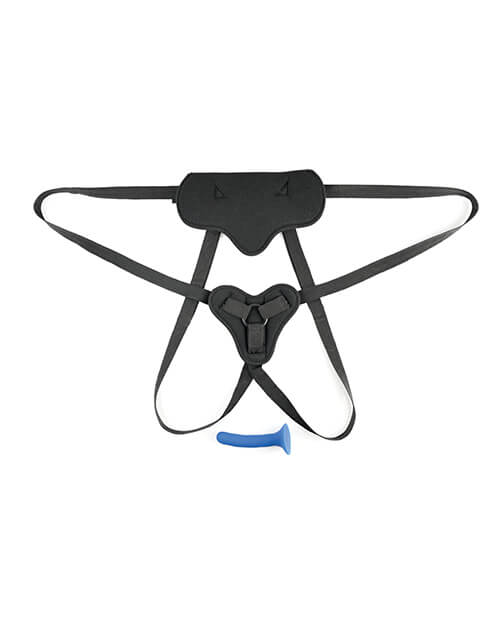 A top-down image shows the Sportsheets New Comer's Kit Special Edition Beginner Pegging Kit laying flat with all of the straps laid out to show how the harness fits onto the body. The dildo is shown laying next to the harness as well. | Kinkly Shop