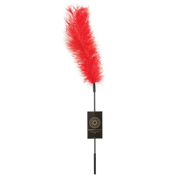 Sportsheets Ostrich Tickler in vibrant red with the Sportsheets logo tag shown on the handle of this tickler for BDSM. | Kinkly Shop