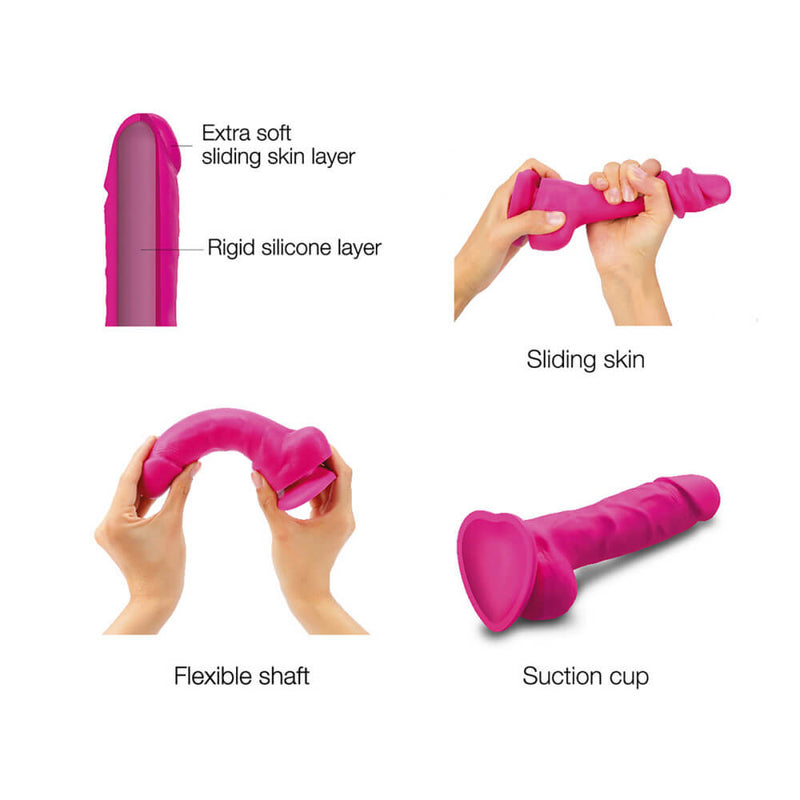 A collage of the different features of the Strap-on-Me Sliding Skin Realistic Dildo. The first image showcases the rigid silicone layer inside of the extra soft, sliding skin exterior layer. The next image shows a person gripping and sliding the external layer for "sliding skin". The third image shows two hands bending the dildo for "flexible shaft". The final image is a close-up of the heart-shaped base that shows the suction cup base. | Kinkly Shop