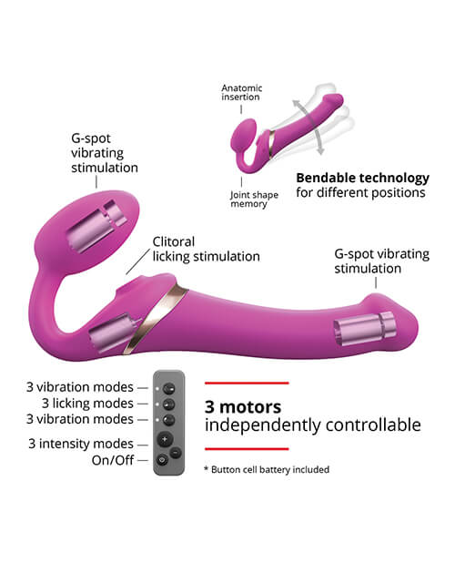 An image that explains various aspects of the Strap-on-Me Vibrating Licking Strapless Strap-on. One illustration shows how the angle of the toy can easily be bent with the text "Joint shape memory" and "Bendable technology for different positions". The other image shows the remote and the placements of the three internal motors. The text reads "G-spot vibrating stimulation, Clitoral licking stimulation, g-spot vibrating stimulation" and "3 Motors Independently controllable". | Kinkly Shop