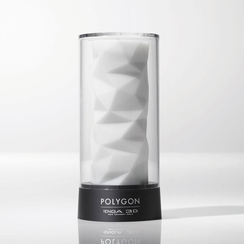 The Tenga 3D Polygon variant sitting on its drying/storage stand. The lid is on top of the stand to display how it looks for display. | Kinkly Shop