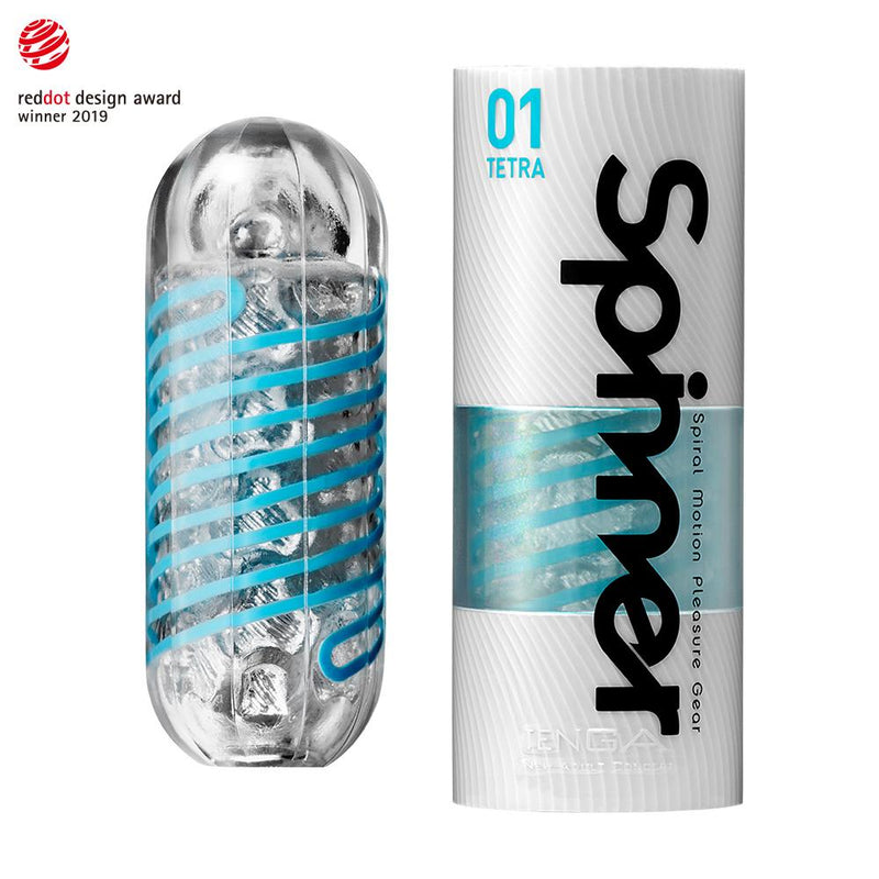 Tenga Spinner Tetra next to its packaging | Kinkly Shop