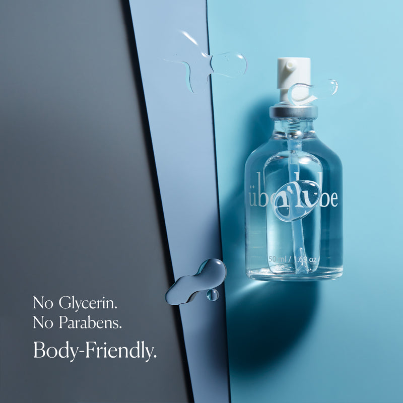 Bottle of Überlube 100ml waterproof sex lube sitting on top of three shades of blue paper. The words on the image read "No Glycerins. No Parabens. Body-Friendly." | Kinkly Shop