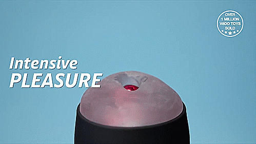 GIF shows a metallic vibrator sliding in and out of the tip of the VeDO Grip. The text on the GIF (which loops indefinitely to show the stroking motion) states "Intensive Pleasure" and "Over 1 Million VeDO Toys Sold". | Kinkly Shop