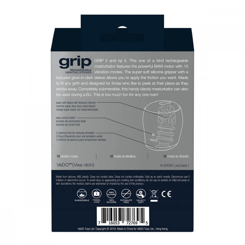Back-side of the packaging of the VeDO Grip. This image shows the internal texturing in the Grip through an X-ray style illustration. One side of the stroker is filled with protruding nubs while the opposing side of the stroker is filled with tight ribbing. | Kinkly Shop