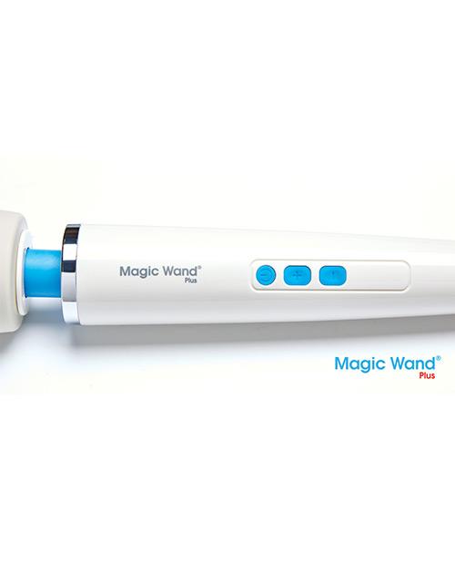 Close-up of the buttons on the Magic Wand Plus. It has three buttons: one power button, one increase intensity button, and one decrease intensity button. | Kinkly Shop